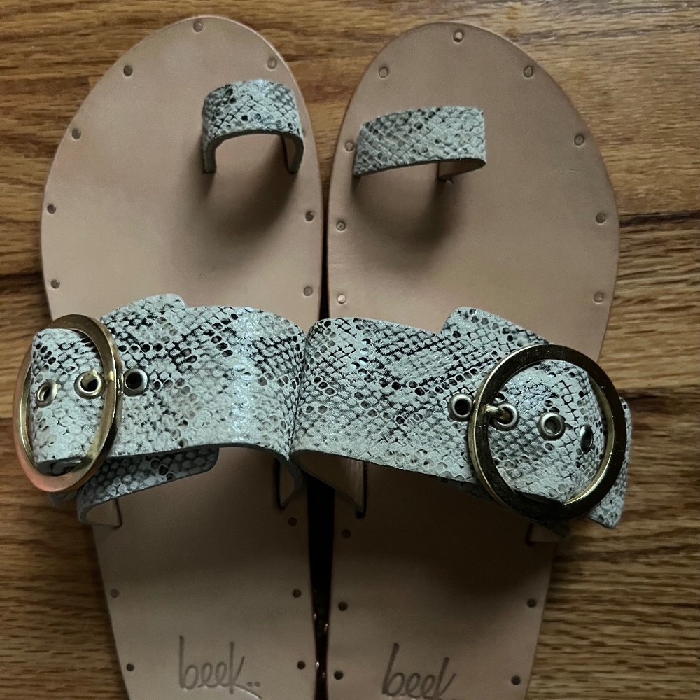**SOLD**Beek Finch/Two Birds faux snake skin leather sandals women’s size 7, USA